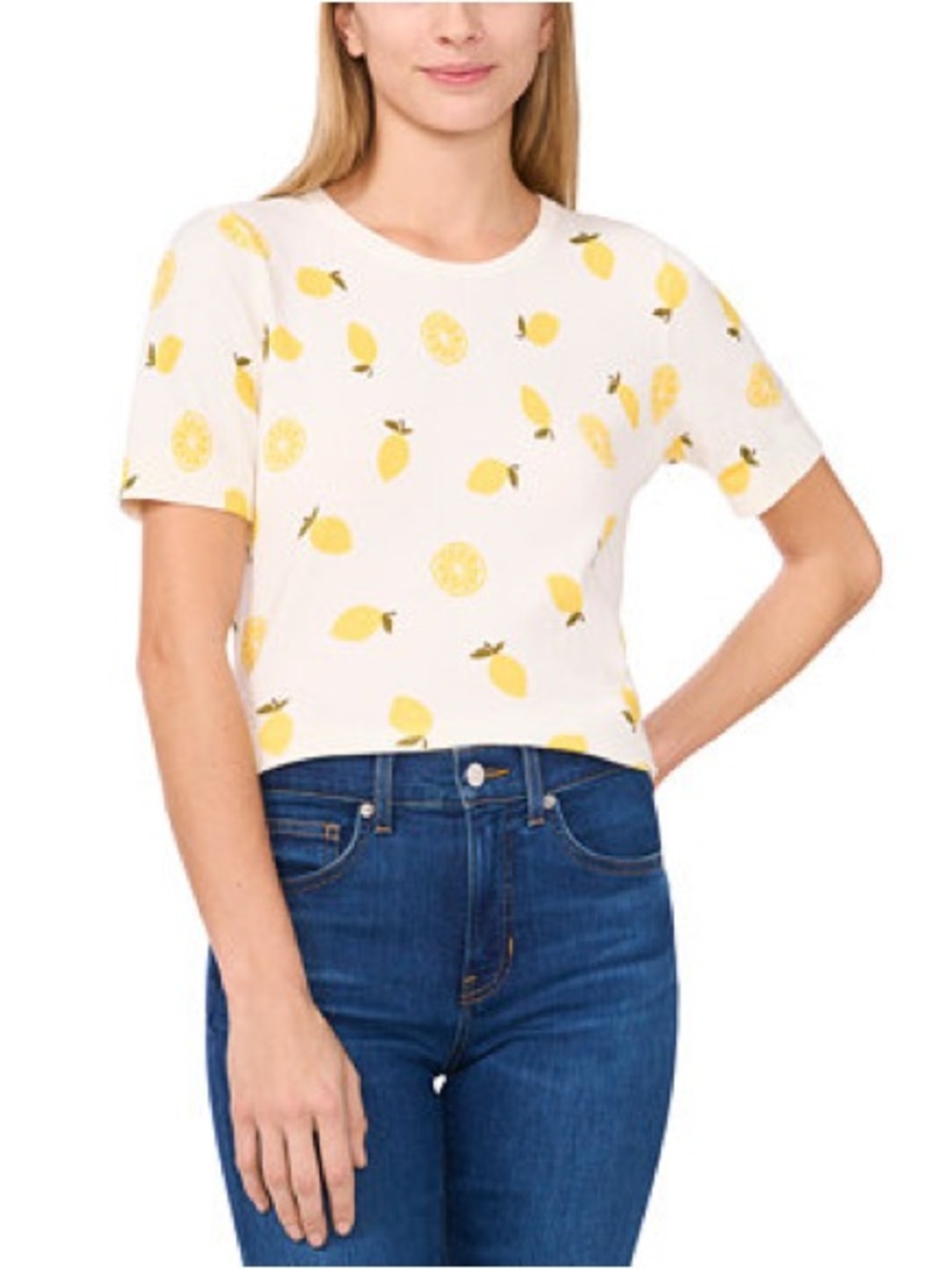 CeCe White Short Sleeve Tee with Yellow Lemon Print
